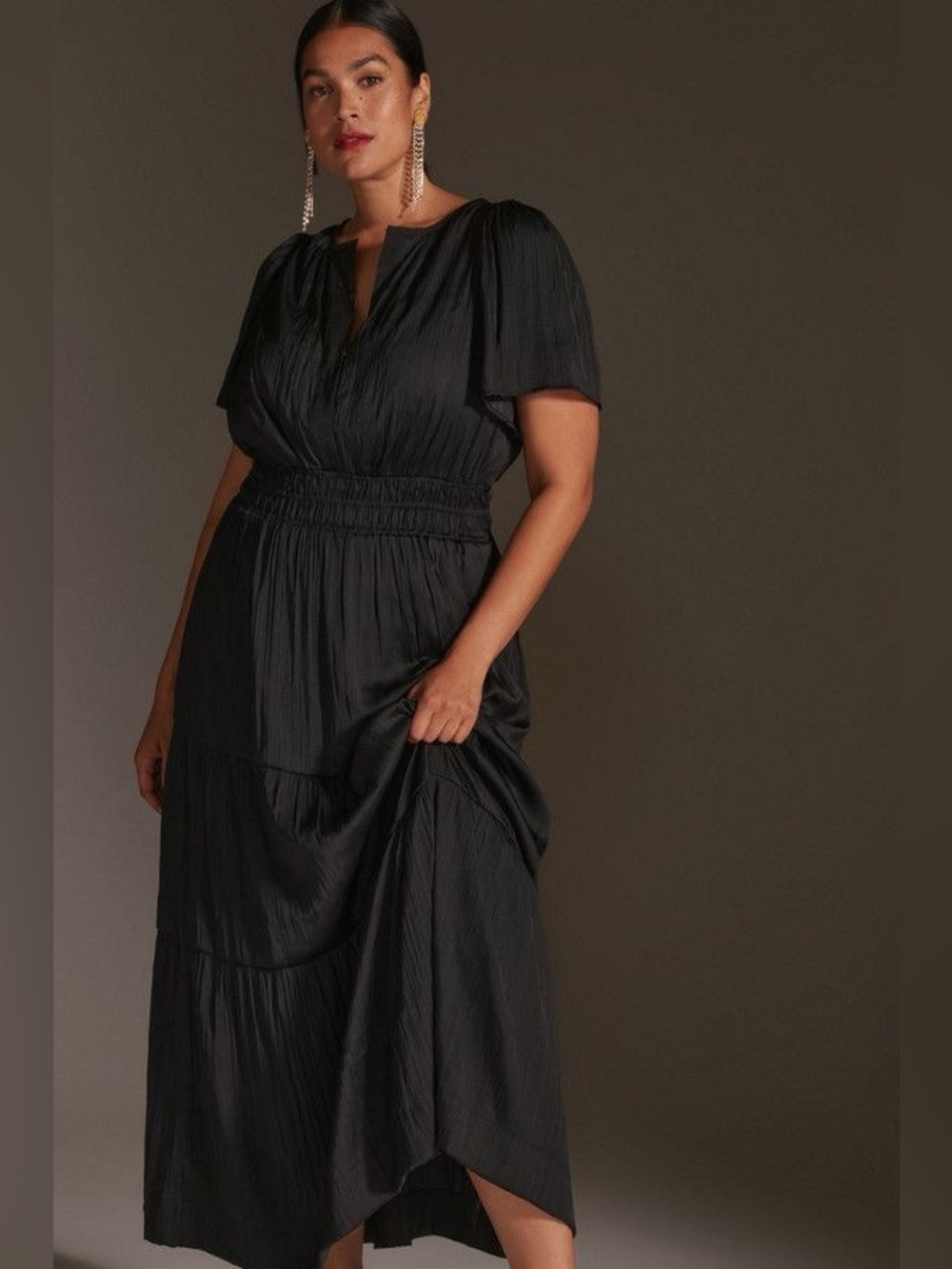Anthropologie The Somerset Maxi Dress Black Satin Pleated Black Tie Wedding XS - Picture 2 of 10